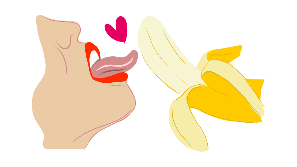 A tongue licking a peeled banana