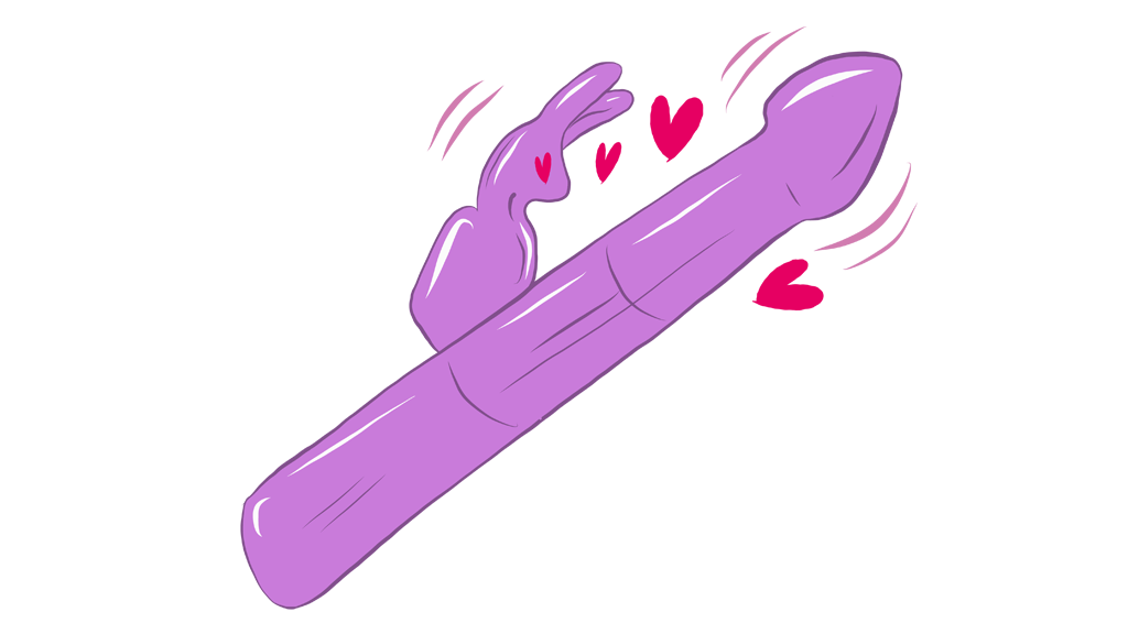 A purple rabbit vibrator surrounded by lovehearts