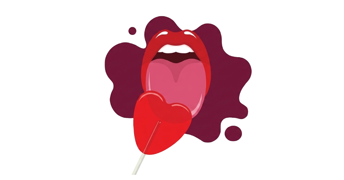 A pair of red lips licking a heart-shaped lollipop