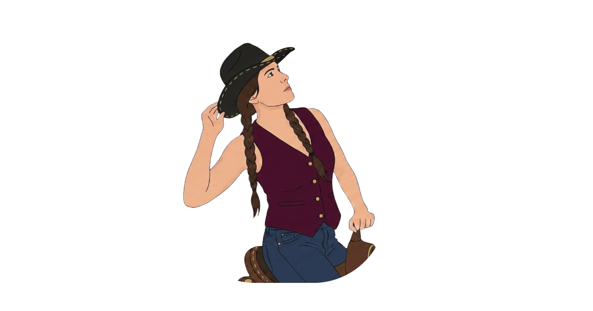 A cowgirl with a black hat and long dark plaits in a cowboy saddle
